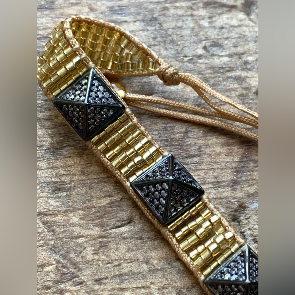 Black Crystal Pyramid & Gold Seed Bead Cord Adjustable Bracelet Women’s Jewelry
